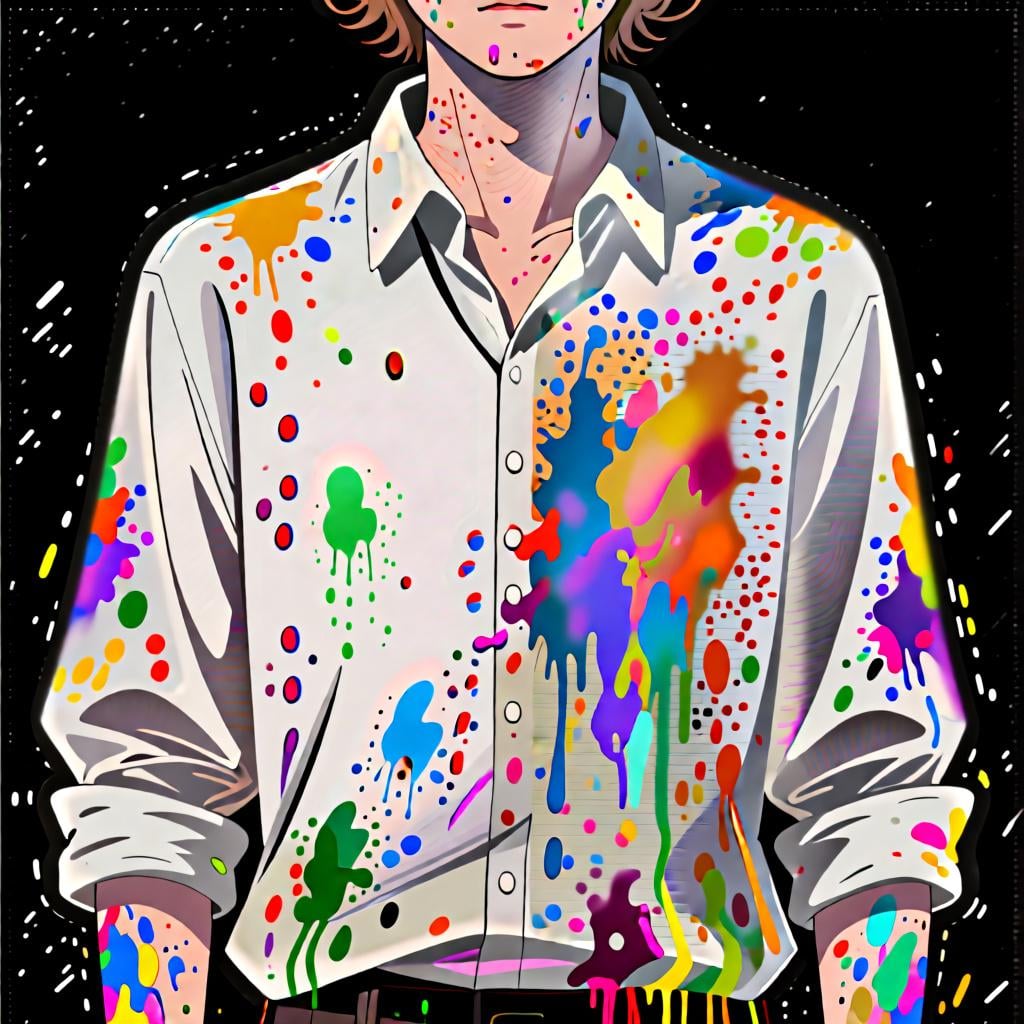 A person wearing a white shirt that is completely covered in colorful paint splatters, illustrating the idea of 'completely' or 'all over'.