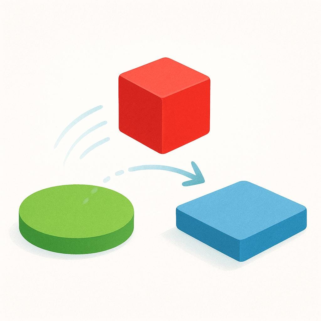 A storybook illustration showing a bright red box floating or being carried across a short gap from a green platform onto a blue platform, illustrating the concept of physical transfer.