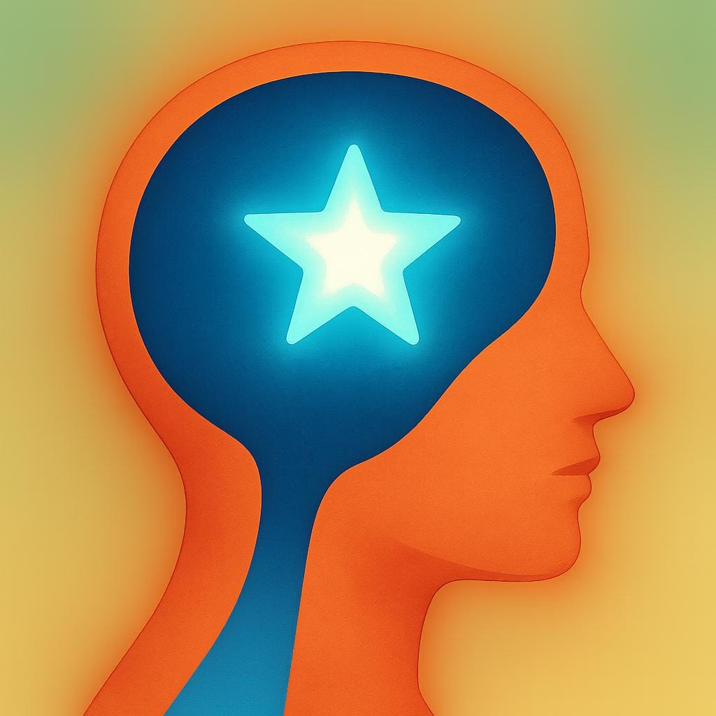A simple illustration of a stylized human head profile. Inside the head, a bright, glowing star shape is fixed in the center, representing a permanent memory.