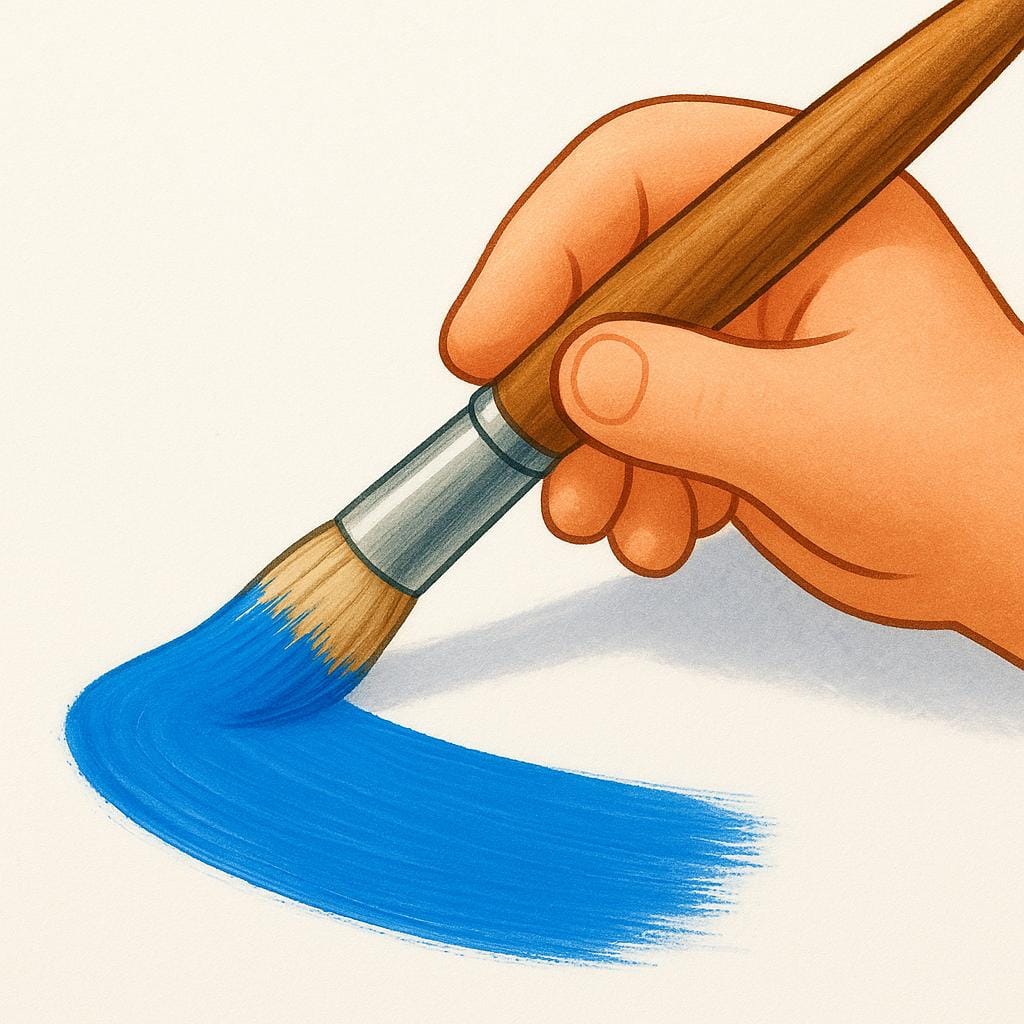 A close-up view of a child's hand holding a wooden paintbrush, actively applying a thick streak of bright blue paint onto a white canvas.