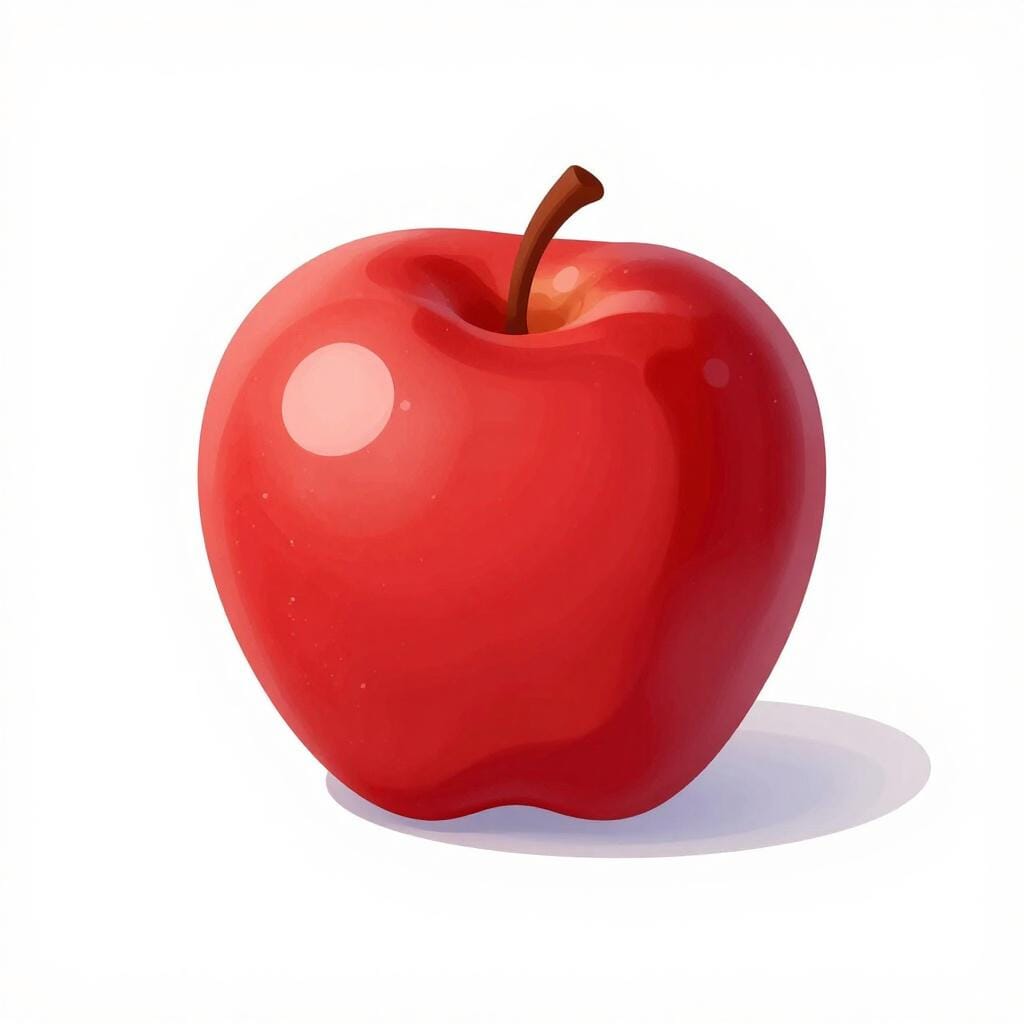 A perfectly polished and shiny red apple sitting on a clean white surface with a single bright highlight.