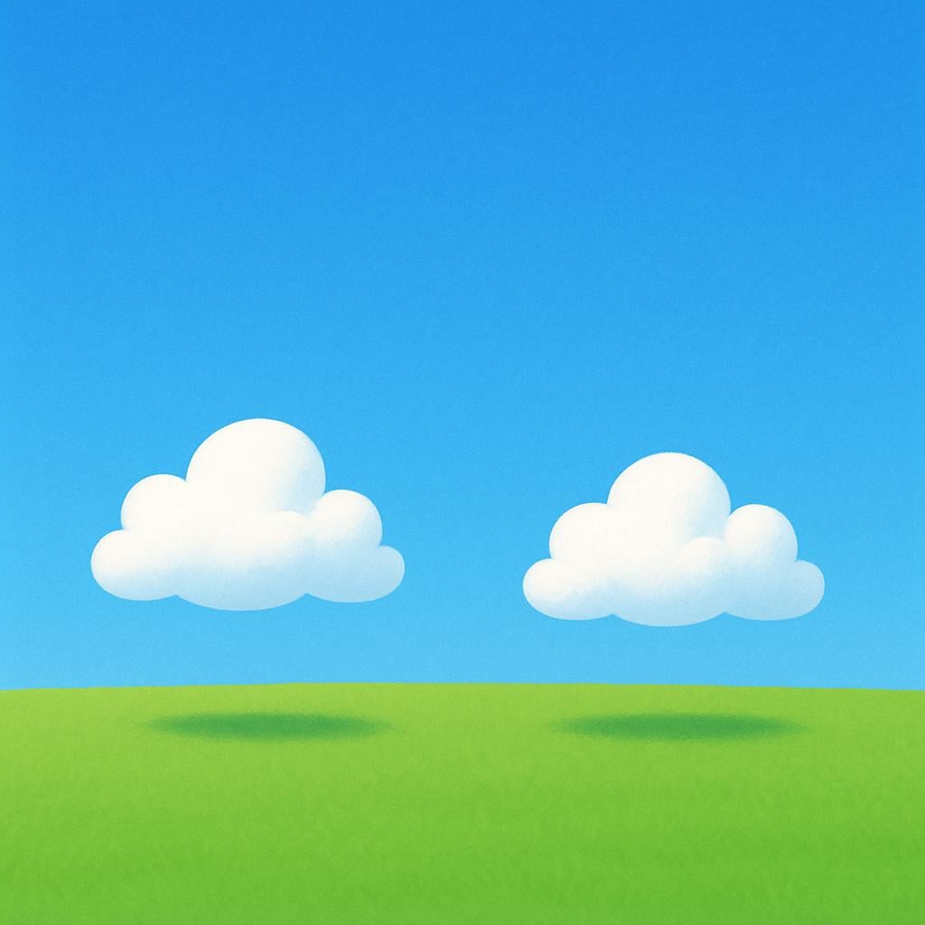Two small, fluffy clouds floating very close to the ground beneath a bright blue sky.