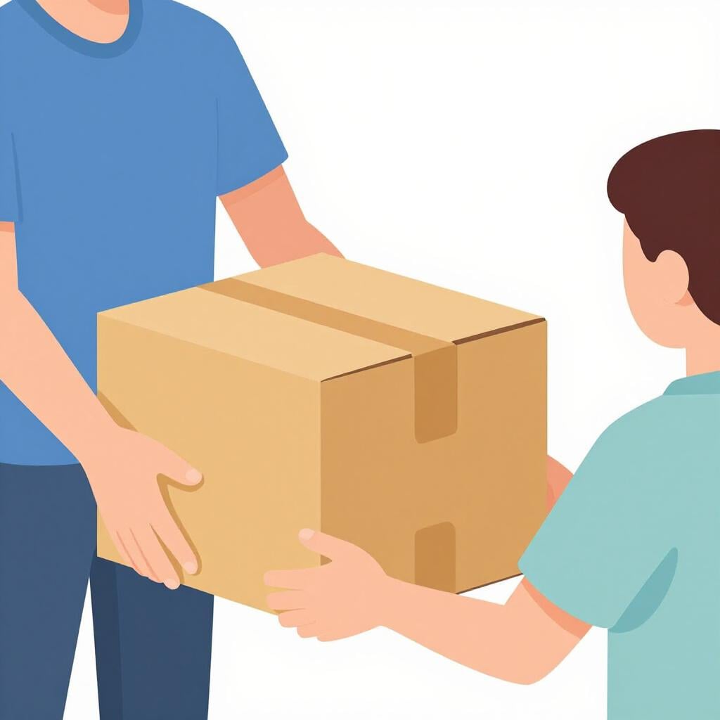A friendly person gently reaching out to take a heavy box from someone else's arms.