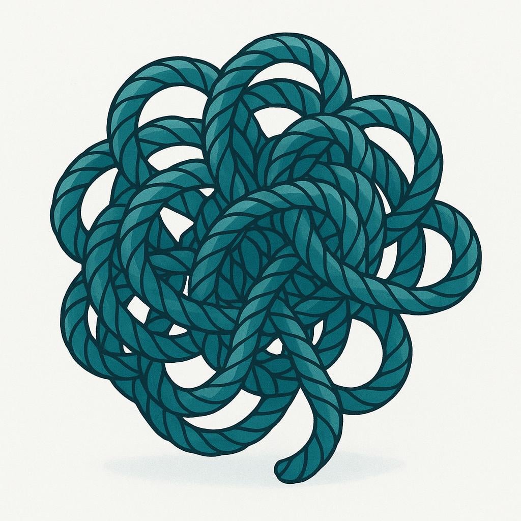 A thick, brightly colored rope tied into an extremely complex, tight knot that appears impossible to untangle.