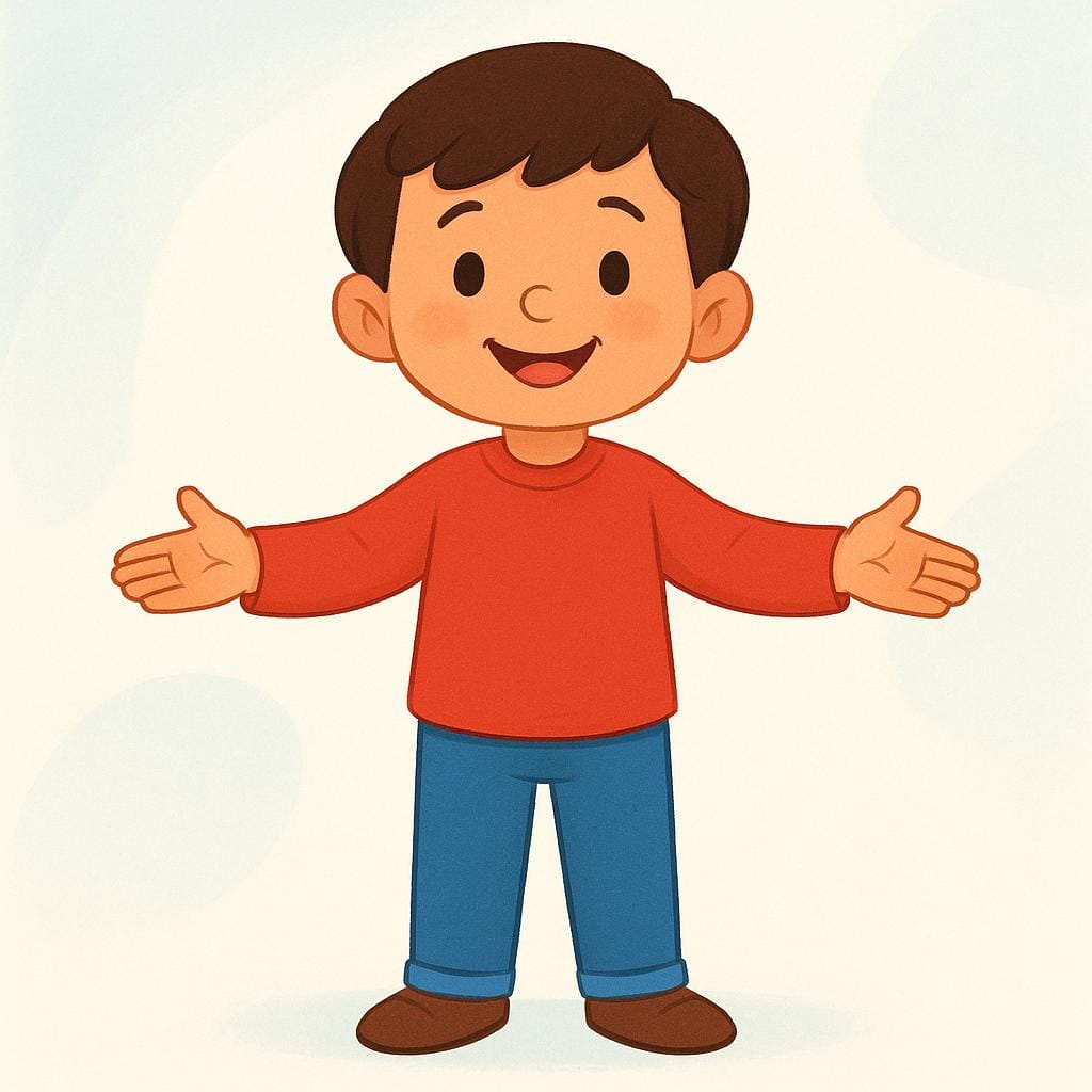 A cartoon illustration of a person smiling brightly with arms spread wide in an open, welcoming gesture, symbolizing honesty.