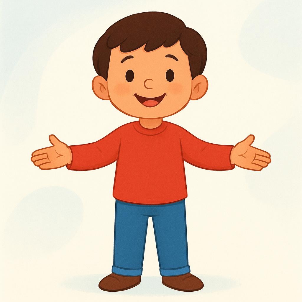 A cartoon illustration of a person smiling brightly with arms spread wide in an open, welcoming gesture, symbolizing honesty.