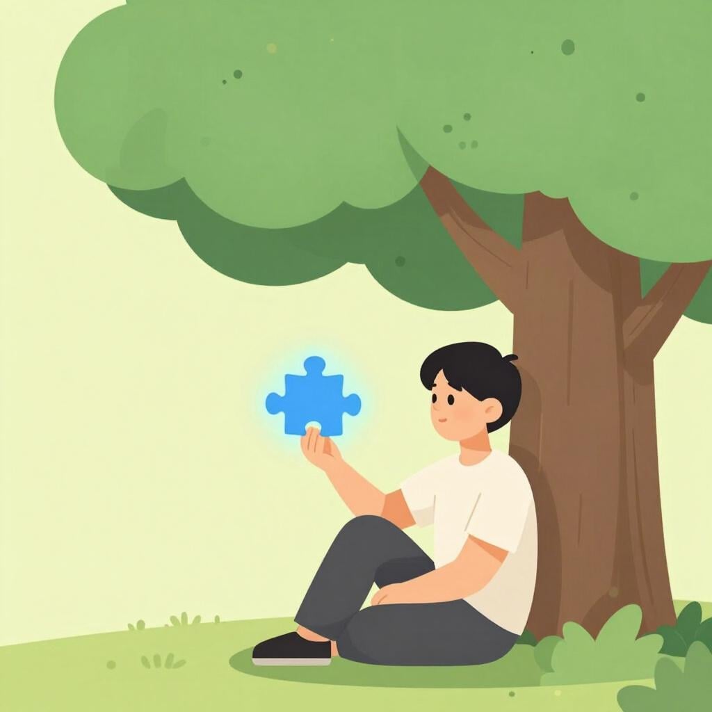A colorful illustration of a person sitting under a tree, holding a single glowing puzzle piece and looking at it thoughtfully.