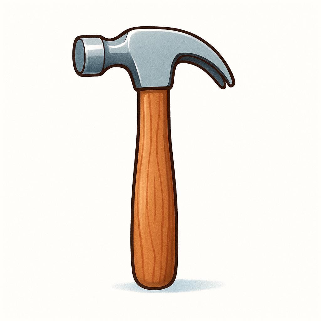 A simple, isolated claw hammer with a wooden handle and a metal head, ready for use.