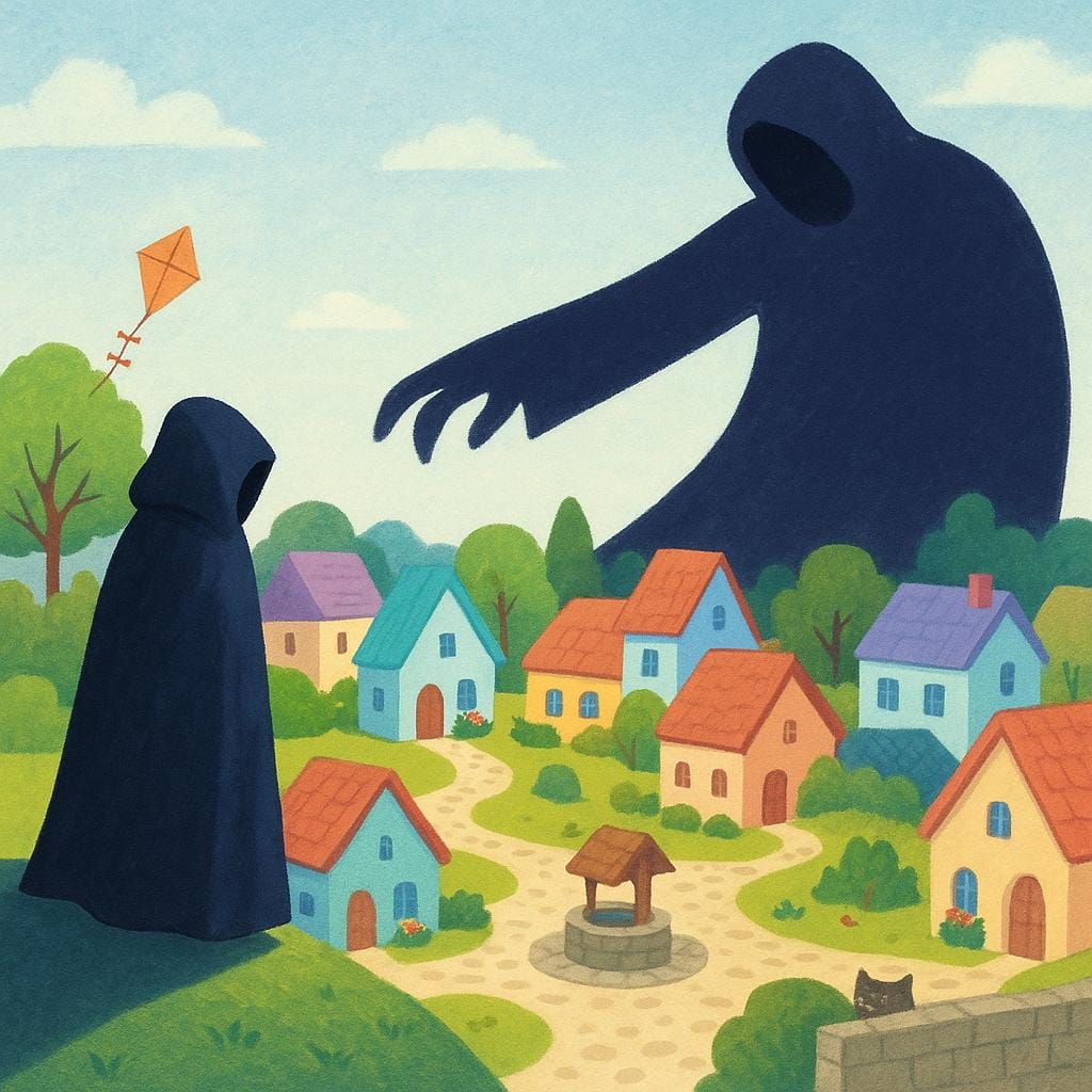 A simple storybook illustration of a cloaked figure casting a menacing shadow over a brightly colored village.