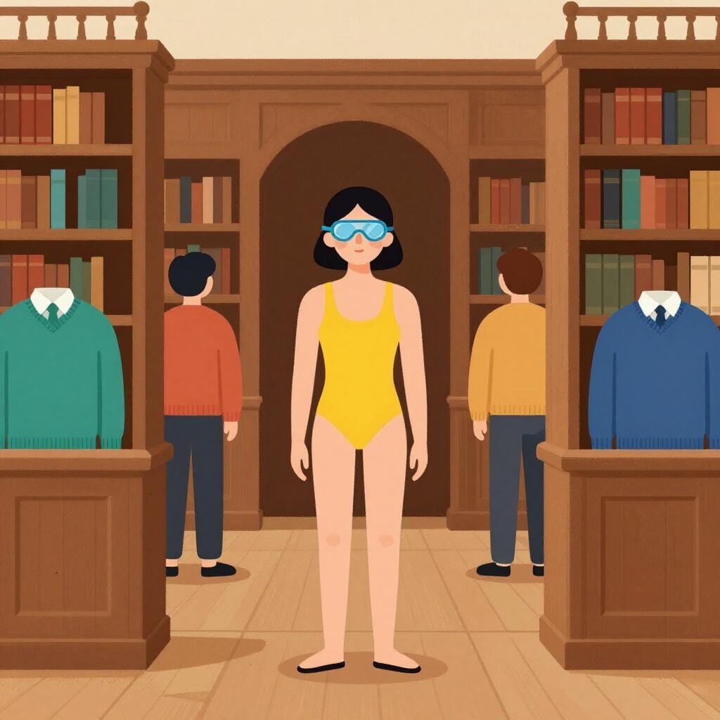 A person wearing a brightly colored swimming suit and goggles inside a formal, quiet library.