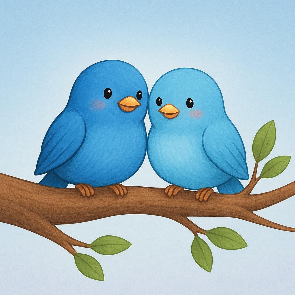 Two friendly bluebirds are comfortably perched side-by-side on a thick brown tree branch, suggesting they are staying there temporarily.