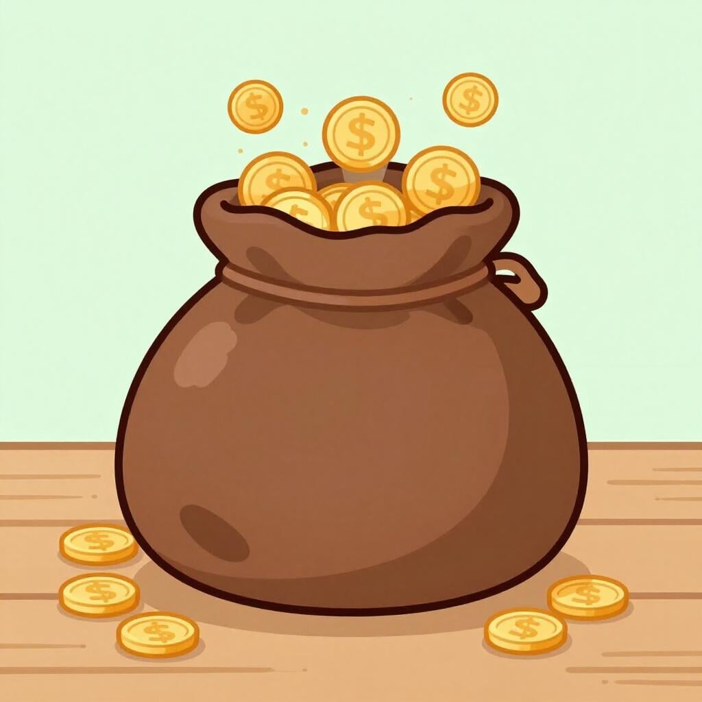 A large, overflowing leather pouch filled with shiny gold coins.