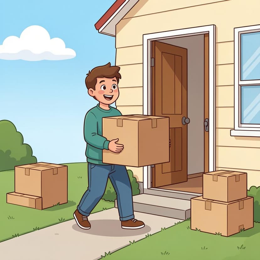 Eine Person trägt einen Karton in ein neues Haus.