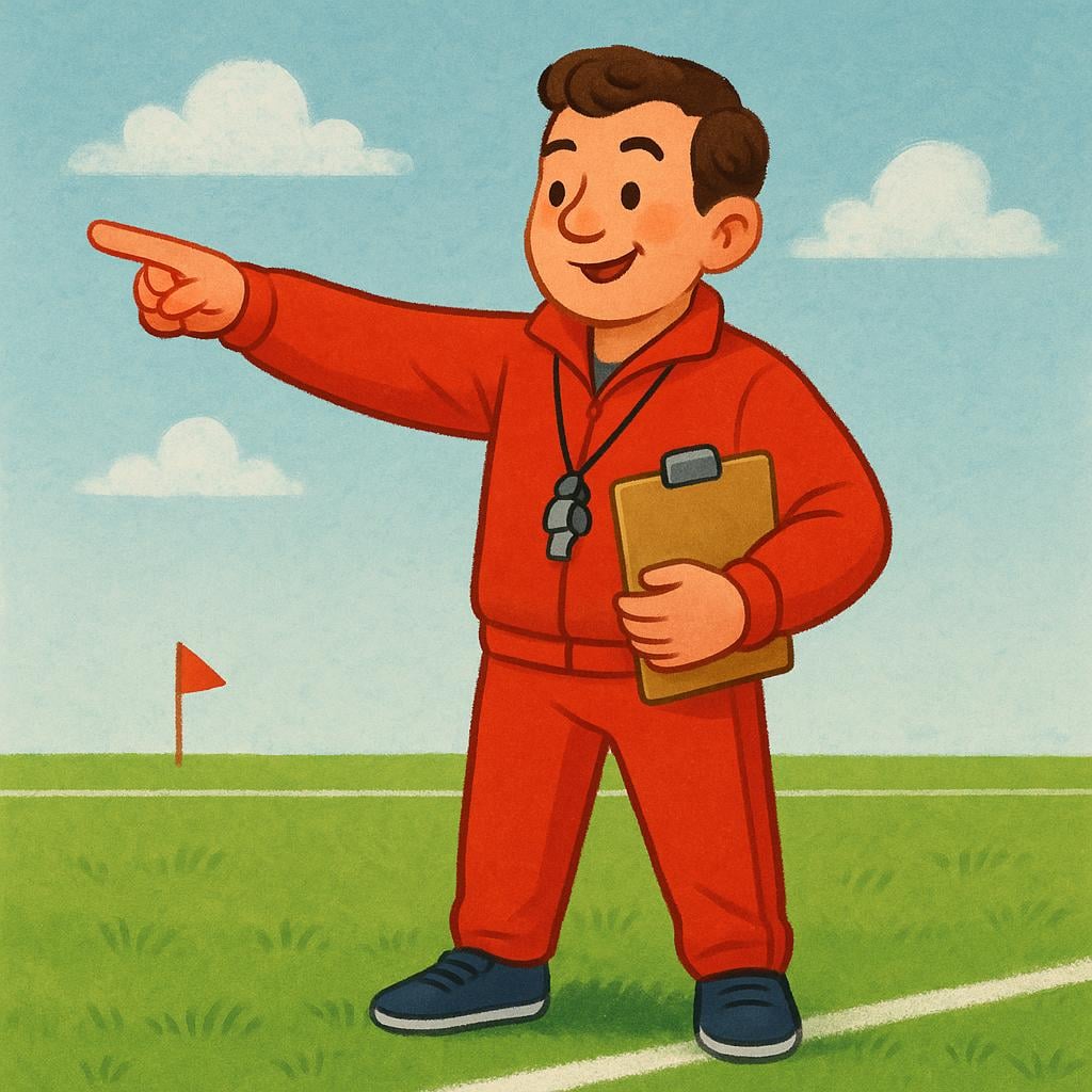 A soccer coach wearing a bright red tracksuit and a whistle, standing on the sideline of a green field, holding a clipboard and pointing decisively.