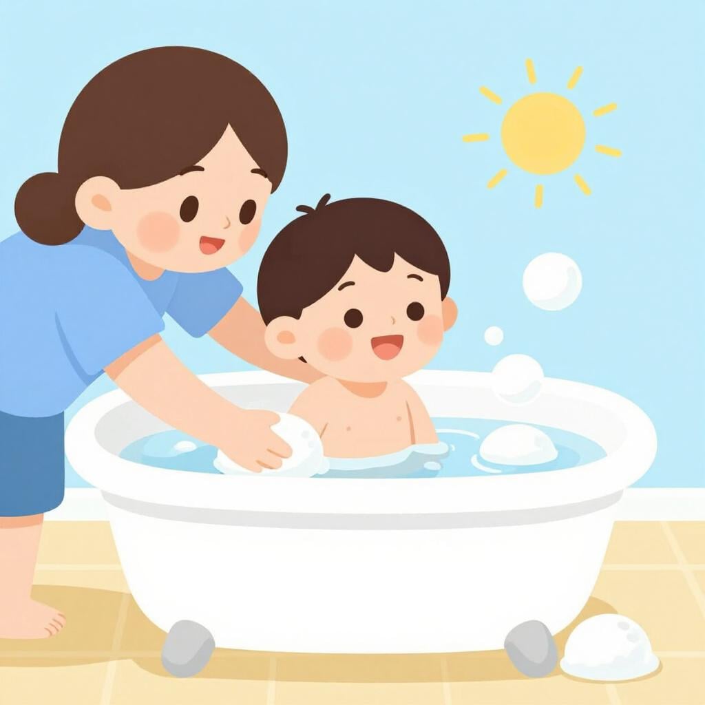 Un parent lavant doucement un jeune enfant dans une petite baignoire avec des bulles de savon.