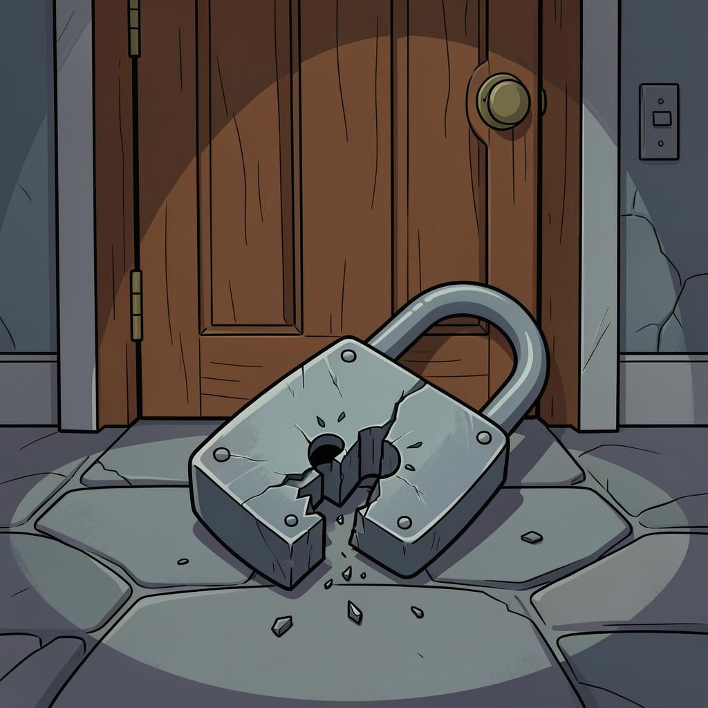 A heavy metal padlock that has been snapped open and lies on the ground next to a closed wooden door.