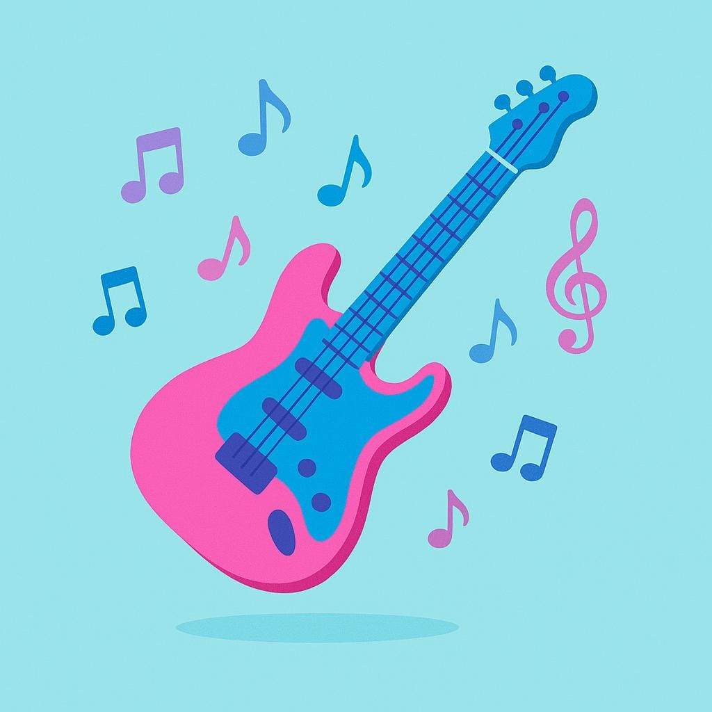 A pink and blue stylized electric guitar with musical notes floating around it, representing pop music.