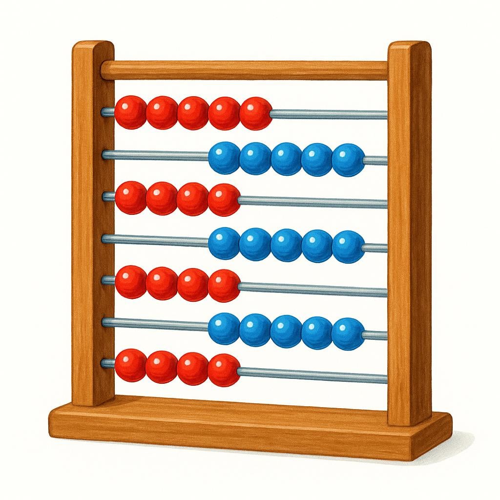 A colorful storybook illustration of an old-fashioned wooden abacus with bright red and blue beads.
