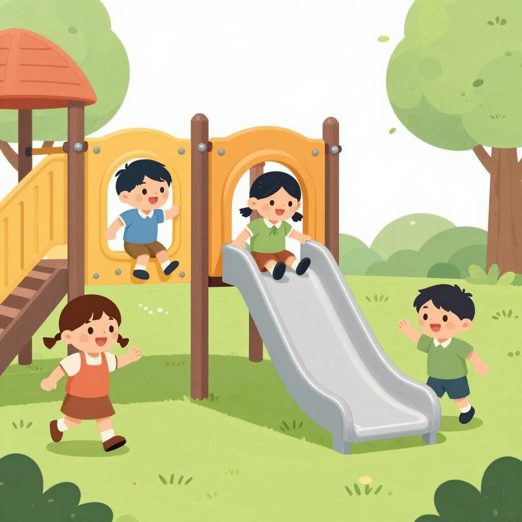 滑り台とボールのある、晴れた学校の校庭で一緒に遊ぶ子供たち。