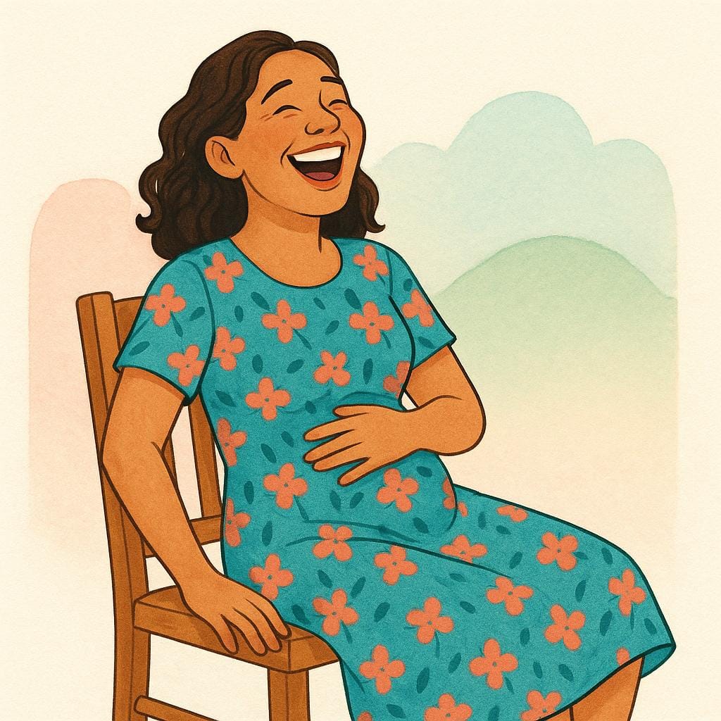 A cartoon illustration of a young woman with a wide smile laughing heartily, covering her mouth slightly with one hand.