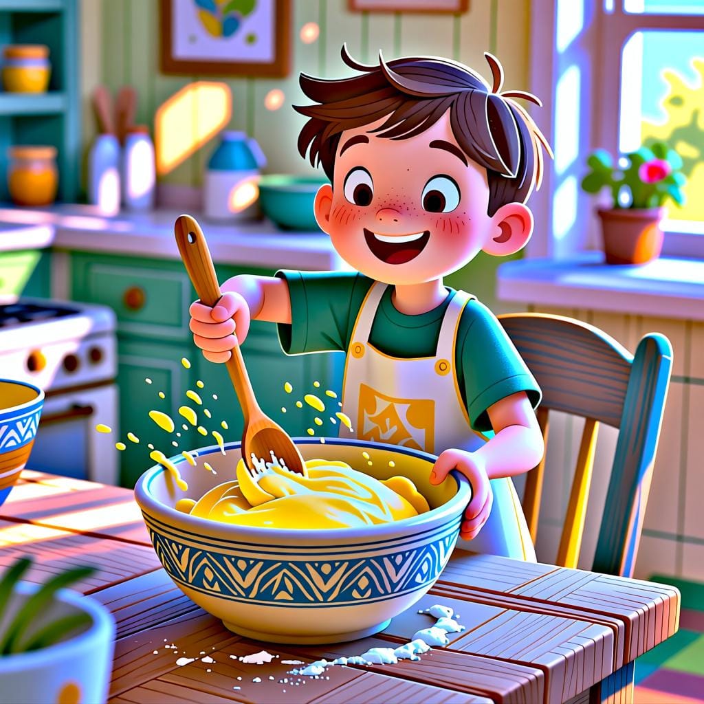 A young person cheerfully mixing dough in a bowl, representing the act of making something.