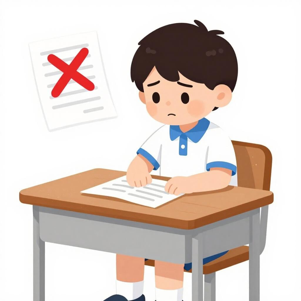 A sad student looking at a paper with a large red cross marked on it.