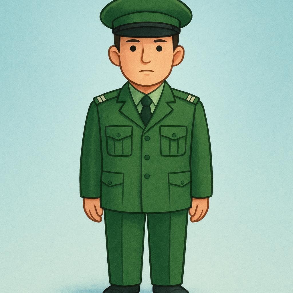 Een persoon in een net, eenvoudig militair uniform met duidelijke ranginsignes op de schouders, staand in de houding, wat een luitenant voorstelt.