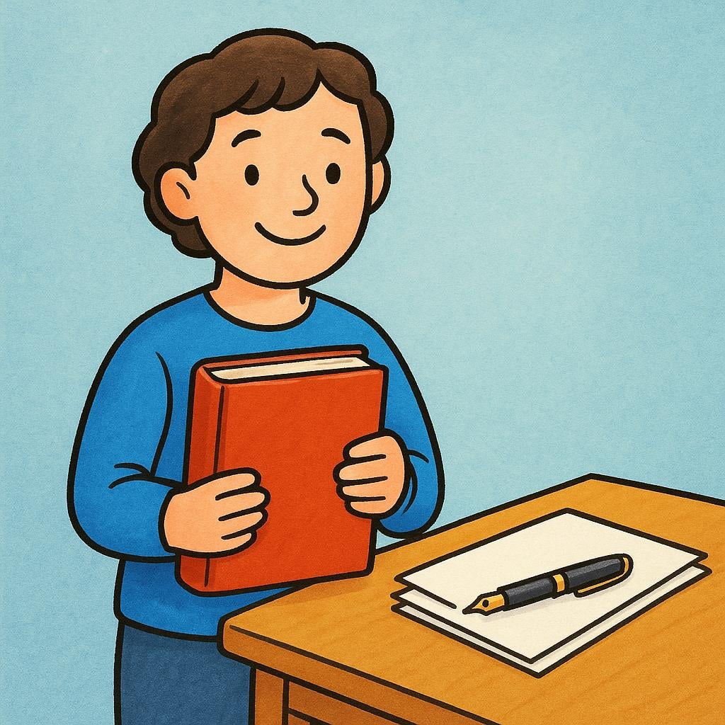 A person proudly holding a thick, closed book next to a fountain pen and a stack of papers on a simple wooden desk.