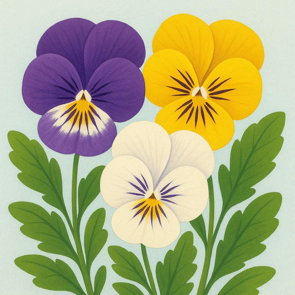 A high quality simple colorful storybook illustration showing a cluster of three vibrant pansy flowers (Viola tricolor) with purple, yellow, and white petals blooming in green grass.