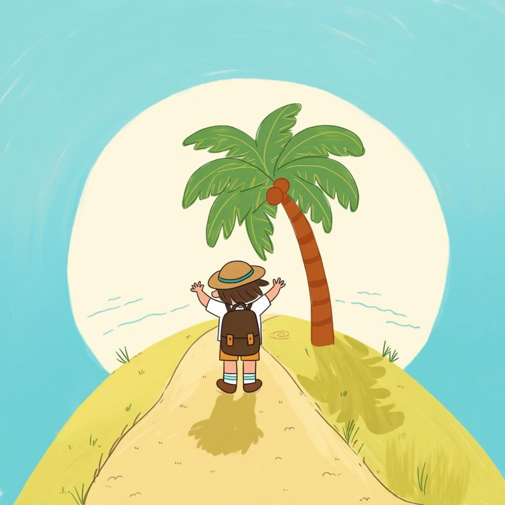 Ein überraschter Wanderer, der am unerwarteten Ende eines langen, gewundenen Waldweges steht, der plötzlich auf einen verlassenen Sandstrand mündet.