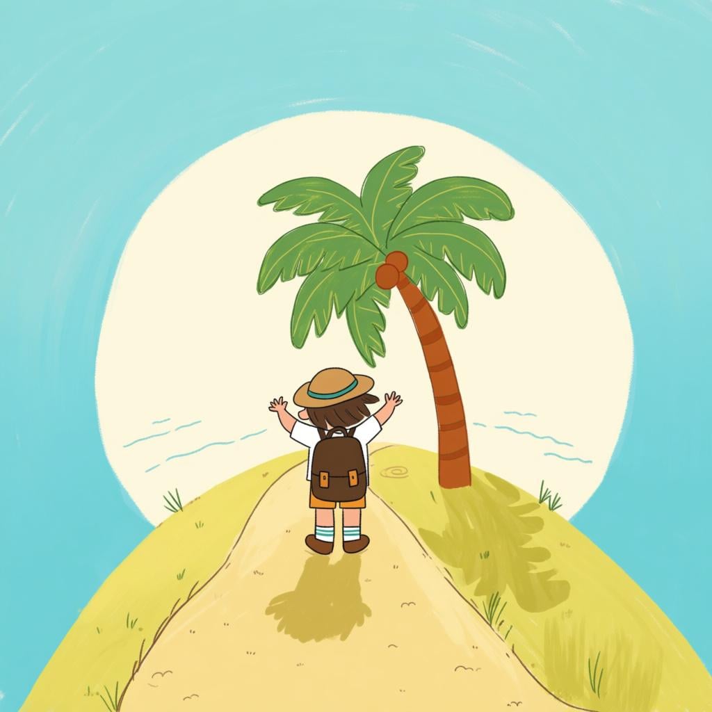 A surprised hiker standing at the unexpected end of a long, winding forest trail, which suddenly opens onto a deserted, sandy beach.