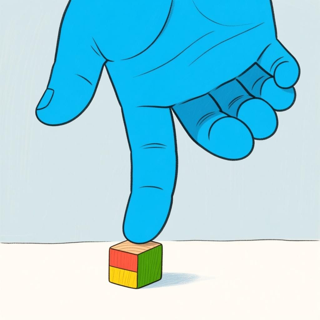 A giant, powerful human hand gently but firmly holding and directing a small, colorful wooden toy block, symbolizing power and command.