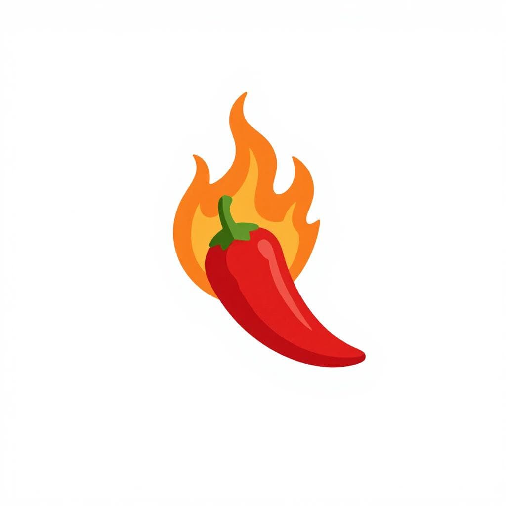 Eine kleine rote Chilischote in Flammen, die Intensität und Betonung darstellt.