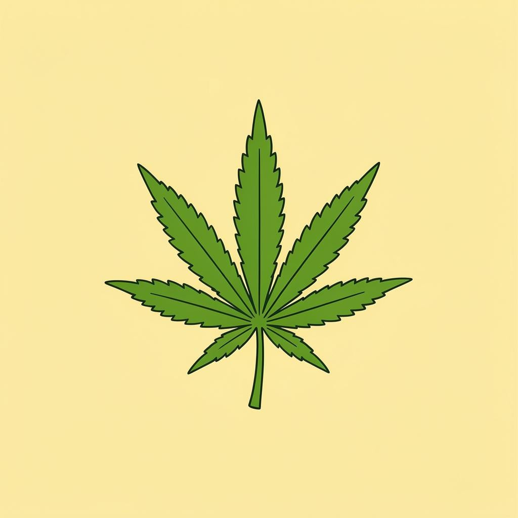 A single, detailed green serrated leaf from a cannabis plant shown in a simple illustrative style.