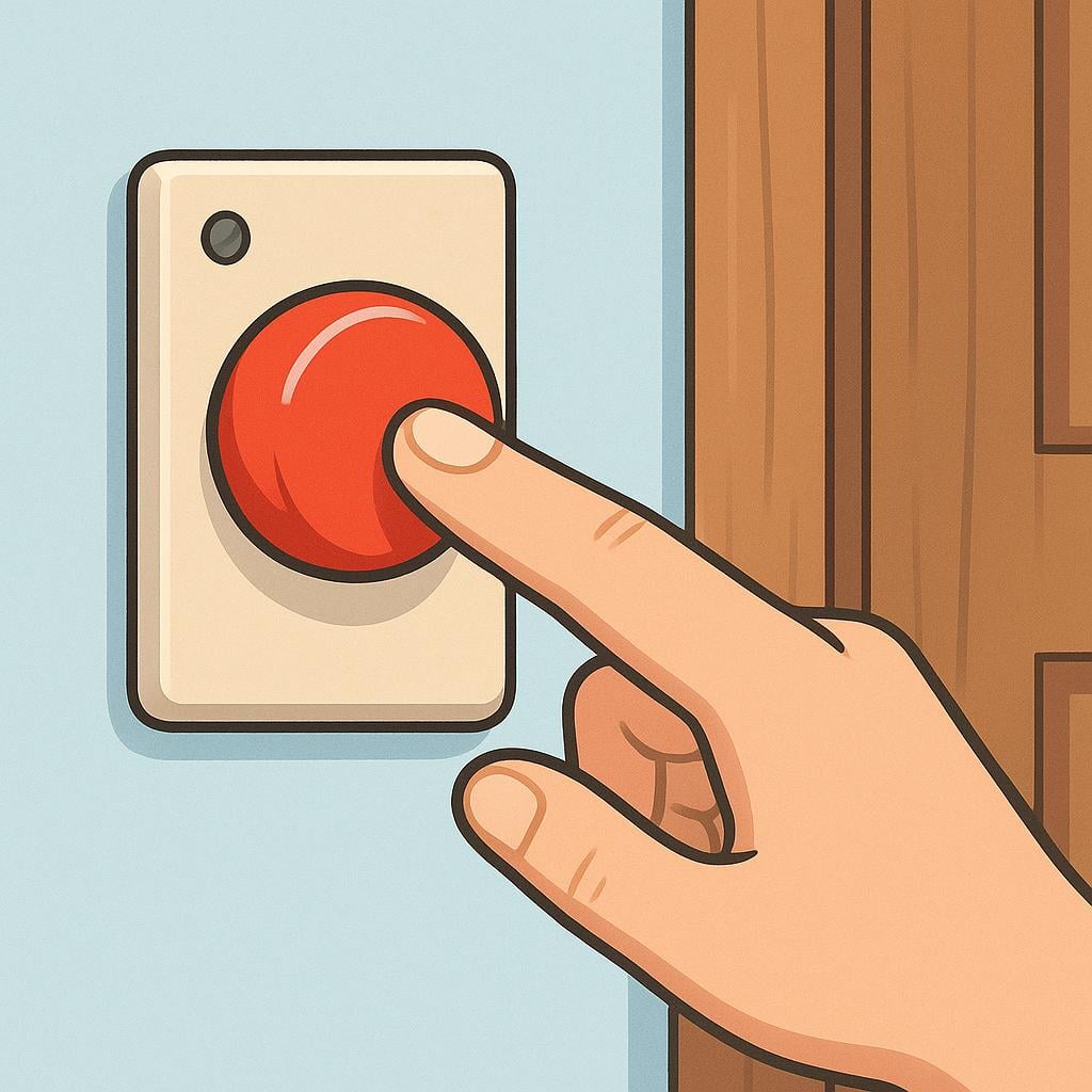 A simple illustration of a finger pressing a bright red doorbell button next to a wooden door.