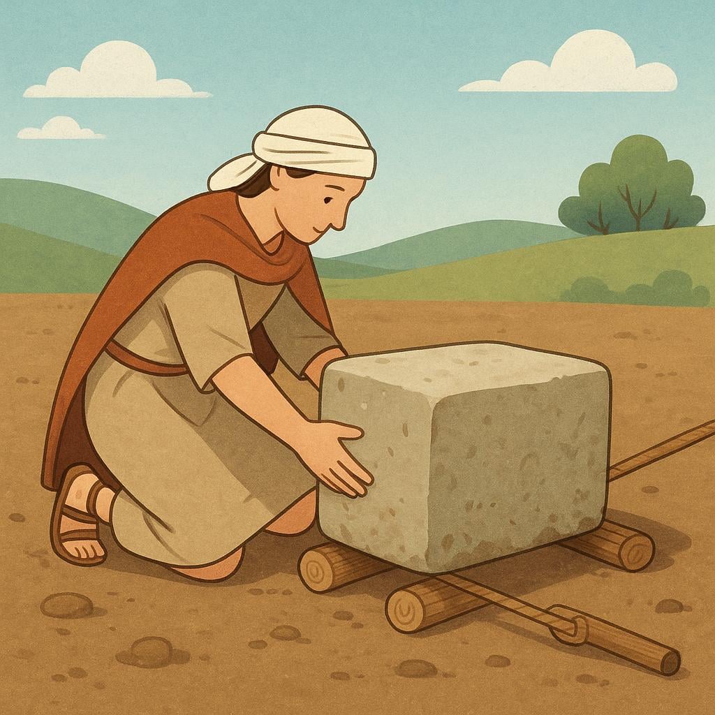 A person in historical attire carefully placing the first large stone block onto a patch of ground, symbolizing the start of construction or the establishment of a settlement.