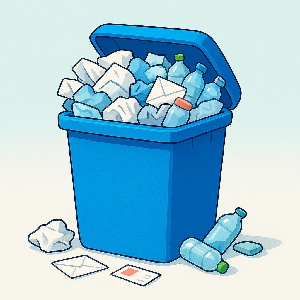 A simple, brightly colored blue recycling bin with a hinged lid, slightly overflowing with crumpled paper and plastic bottles.