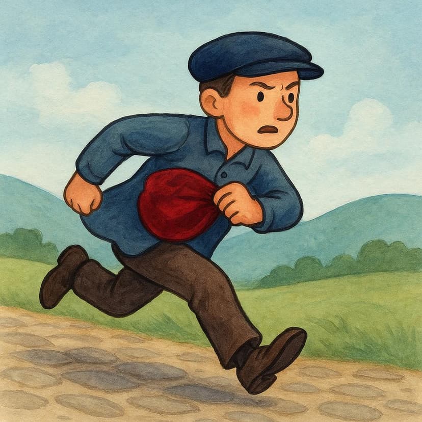 A cartoon illustration of a man running swiftly, looking over his shoulder nervously, clutching a small red velvet bag under his arm, indicating he has stolen something.