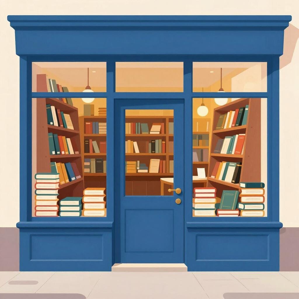 A colorful storefront of a small bookstore with large windows showing stacks of books inside.