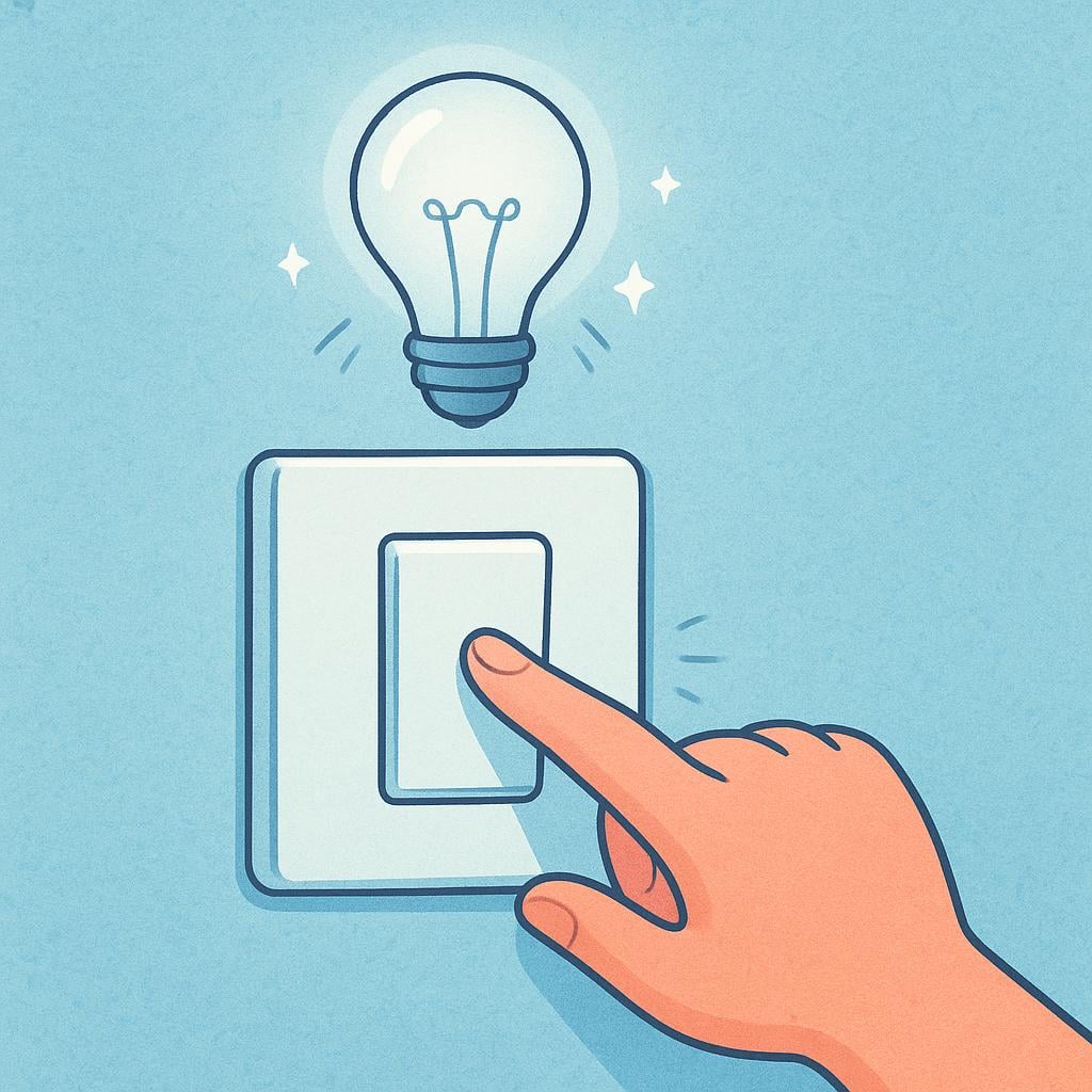 A cartoon hand is shown flipping a wall light switch downwards. A light bulb above the switch is visibly turning dark, indicating the light is being turned off.