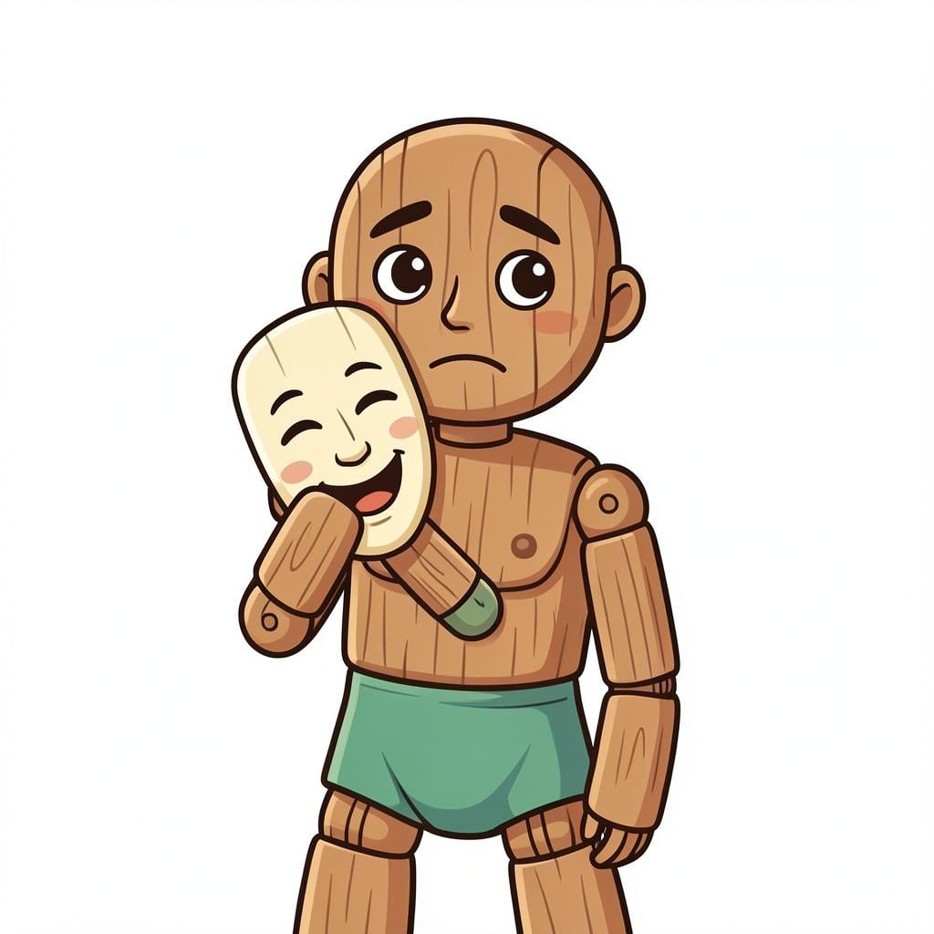 A wooden puppet wearing a mask with a painted-on smile.