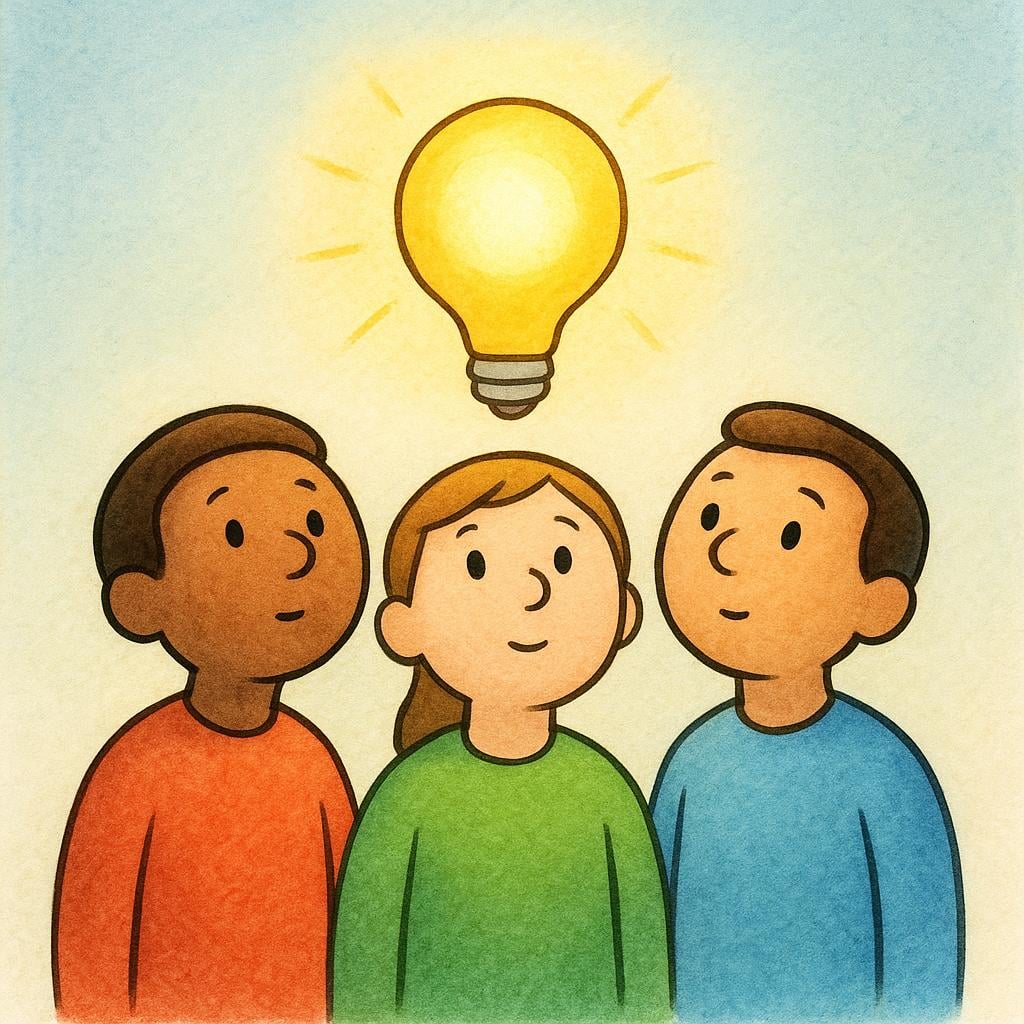 A simple storybook illustration showing three simplified figures standing closely together, looking upwards intently at a large, brightly glowing yellow orb floating above them, symbolizing shared knowledge or understanding.