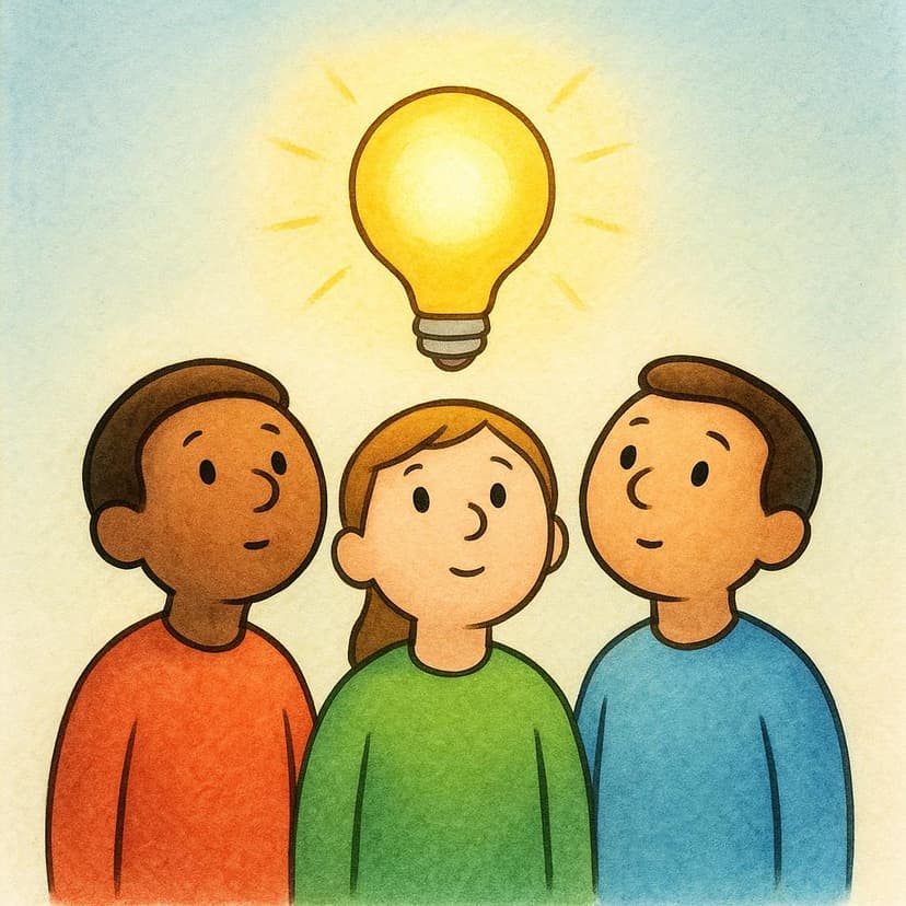 Una semplice illustrazione da libro di fiabe che mostra tre figure semplificate in piedi vicine, che guardano intensamente verso l'alto un grande globo giallo e luminoso che fluttua sopra di loro, a simboleggiare conoscenza o comprensione condivisa.