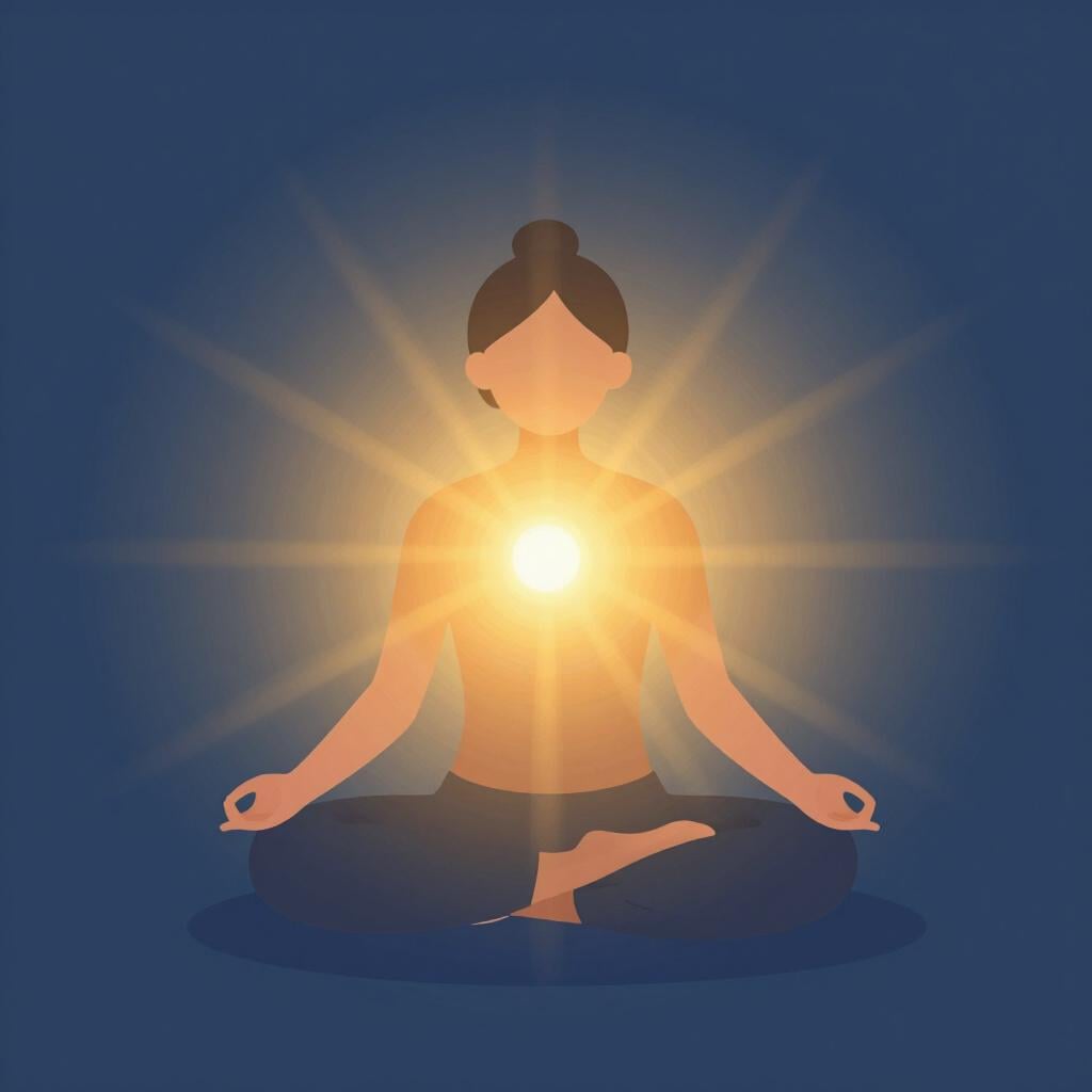 A person sitting peacefully with a bright, glowing light shining from within their chest.