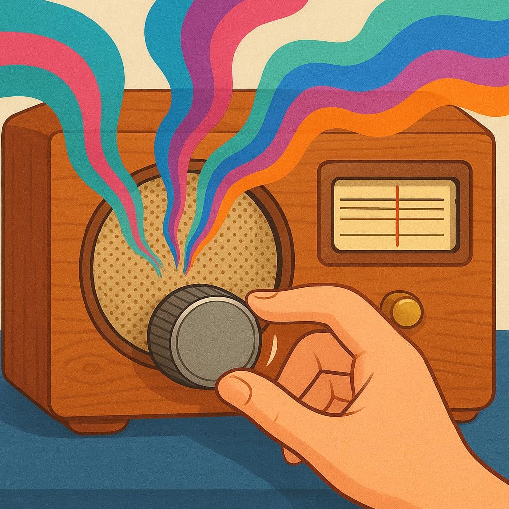 A hand turning the knob of a vintage wooden radio, with bright, visible sound waves emanating from the speaker.