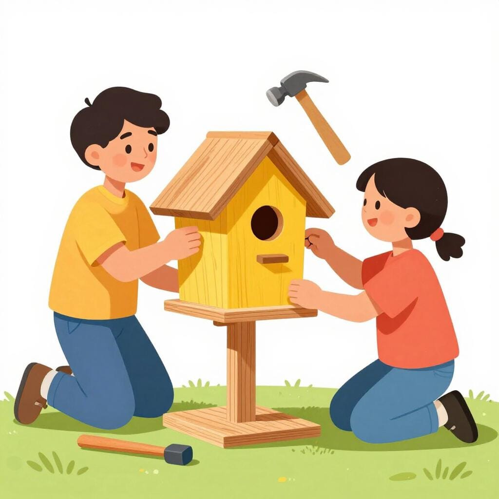 Two people working together to build a colorful birdhouse out of wood.