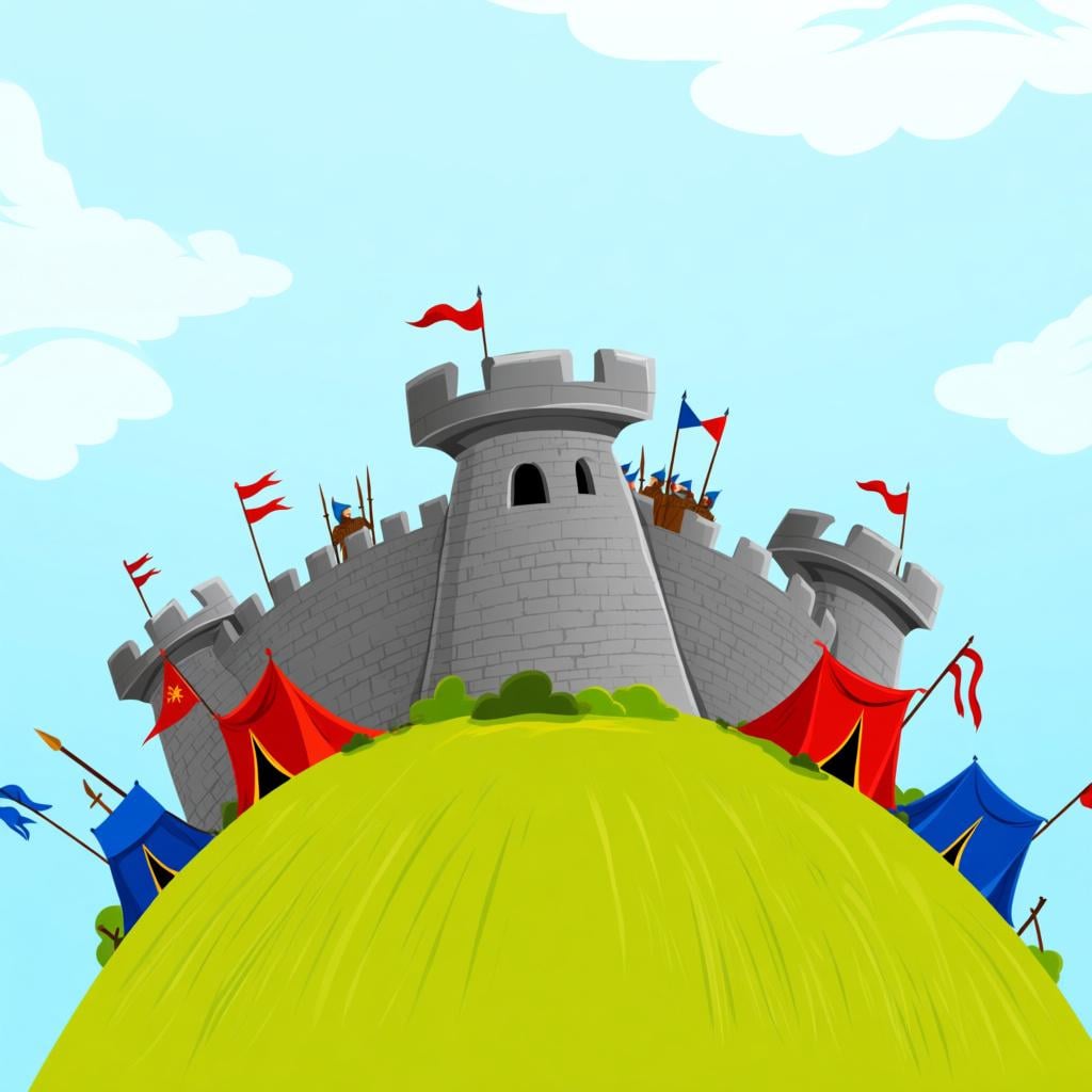A simplistic, tall medieval stone castle completely surrounded by a continuous line of small, stylized tents and figures, emphasizing the blockade or siege.
