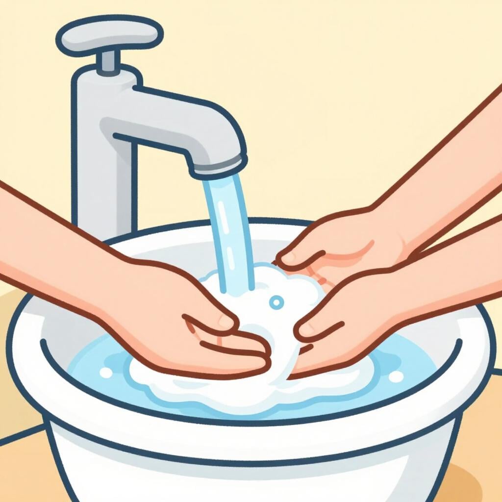 A pair of hands being washed under running water from a simple silver faucet in a sink, with soap bubbles visible.
