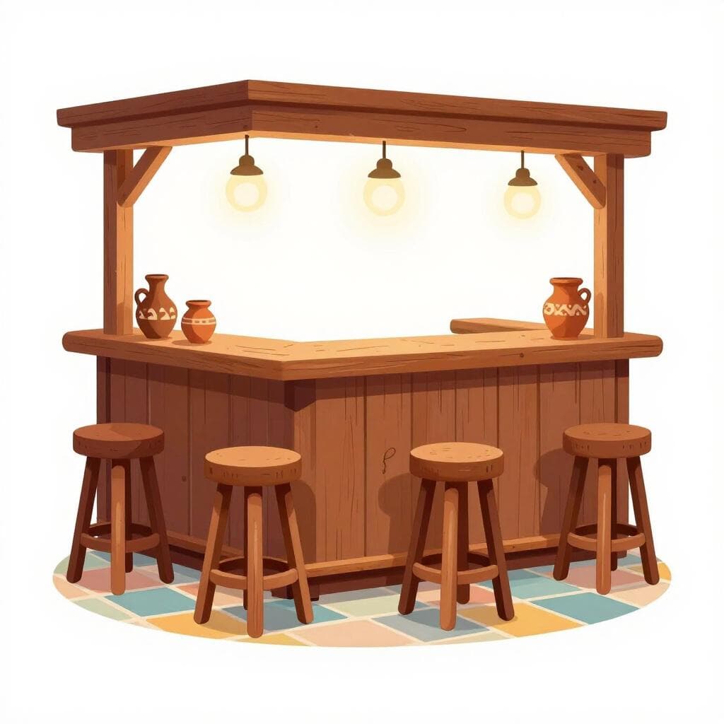 A colorful traditional Mexican bar with a wooden counter, high stools, and rustic decorations.