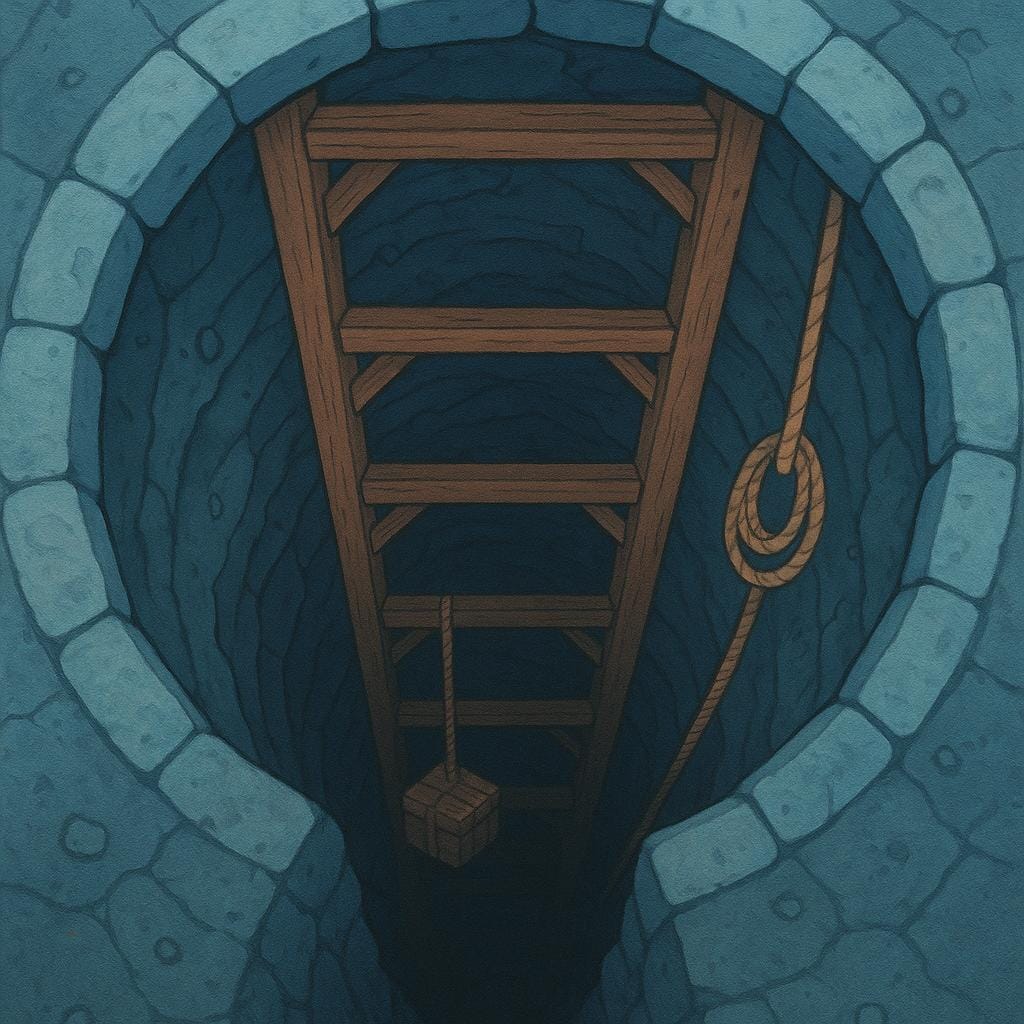 A view looking down into a deep, vertical mine shaft reinforced with simple wooden beams descending into darkness.